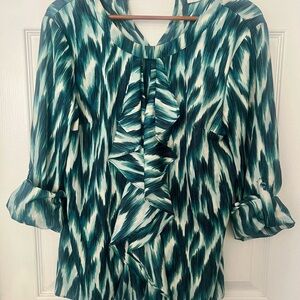 New York & Company Teal and Cream Patterned Blouse